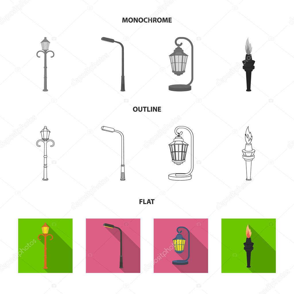 Lamppost in retro style,modern lantern, torch and other types of streetlights. Lamppost set collection icons in flat,outline,monochrome style vector symbol stock illustration web.
