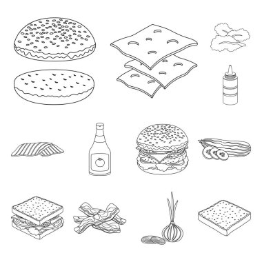 Burger ve malzemeler set koleksiyonu tasarım için simgeleri anahat. Vektör simge stok web illüstrasyon pişirme Burger.