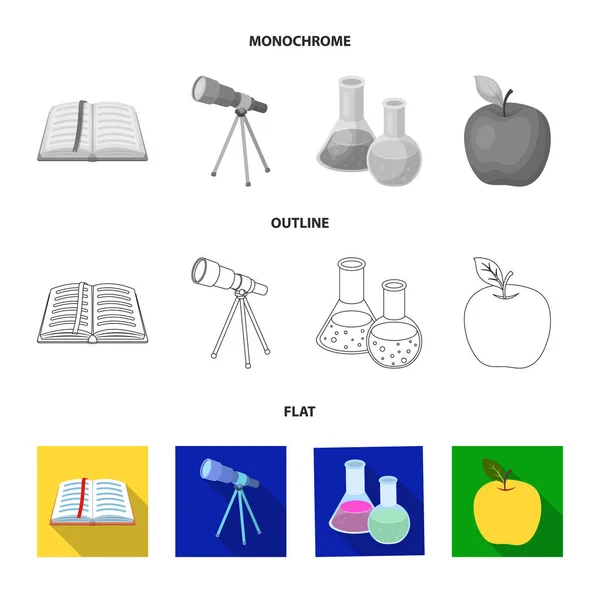 Ένα ανοιχτό βιβλίο με ένα τηλεσκόπιο, φιάλες με τα αντιδραστήρια, ένα σελιδοδείκτη, ένα κόκκινο μήλο. Σχολεία και την εκπαίδευση που συλλογή εικονιδίων στην επίπεδη, περίγραμμα, μονόχρωμη στυλ διάνυσμα σύμβολο απόθεμα ενδεικτικά web. — Διανυσματικό Αρχείο