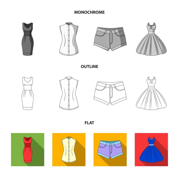 Γυναικεία ρούχα επίπεδης, περίγραμμα, μονόχρωμη εικονίδια στη συλλογή σετ για σχεδιασμό. Ποικιλίες ρούχα και αξεσουάρ σύμβολο μετοχής web εικονογράφηση διάνυσμα. — Διανυσματικό Αρχείο