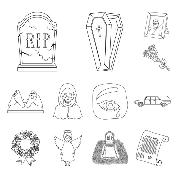 Pogrzeb ceremonii konturu ikony w kolekcja zestaw do projektowania. Pogrzeby i atrybuty symbol web czas ilustracja wektorowa. — Wektor stockowy