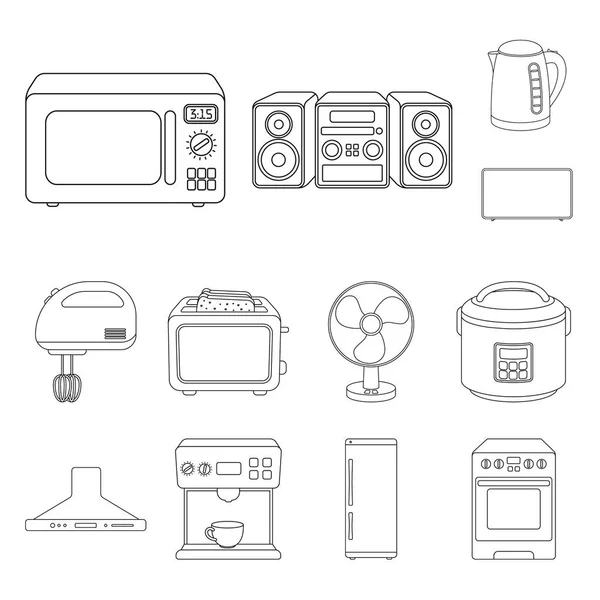 家電製品の種類は、設計のためのセットのコレクションのアイコンを概説します。キッチン機器ベクトル シンボル ストック web イラスト. — ストックベクタ
