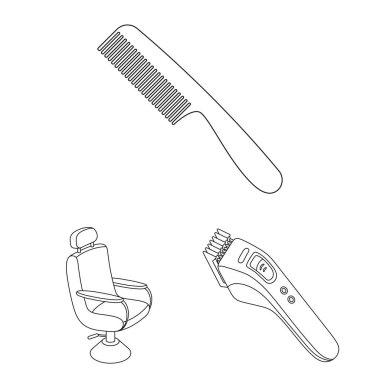 Set koleksiyonu tasarım için berber dükkanı ve ekipman anahat simgeleri. Saç kesimi ve tıraş sembol stok web illüstrasyon vektör.