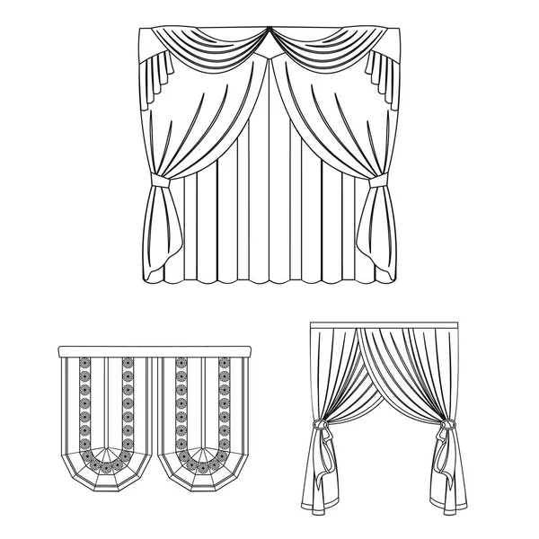 Berbagai jenis tirai menguraikan ikon dalam koleksi set untuk desain. Tirai dan lambrequins vektor simbol gambar web stok . - Stok Vektor