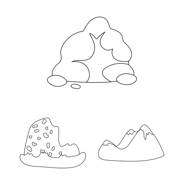 Diferentes montanhas delinear ícones na coleção de conjuntos para design.Mountains e paisagem símbolo vetorial web ilustração . —  Vetores de Stock