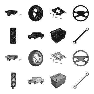 Trafik ışığı, eski bir araba, pil, İngiliz anahtarı, araba ayarlamak toplama simgeler siyah, tek renkli stil vektör simge stok çizim web içinde.