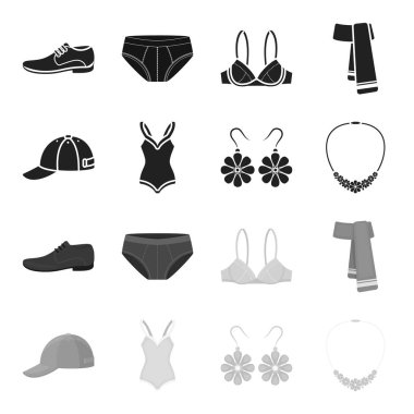 Kapağı, küpe, kolye, mayo. Giyim toplama simgeler siyah, tek renkli stil vektör simge stok çizim web içinde ayarla..