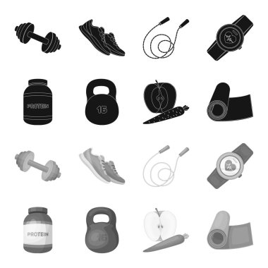 Protein, vitamin ve diğer ekipman eğitim için. Spor ve egzersiz toplama simgeler siyah, tek renkli stil vektör simge stok çizim web ayarla.