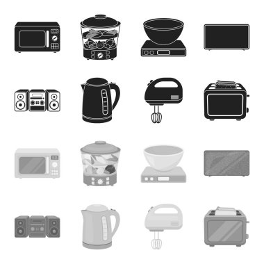 Elektrikli su ısıtıcısı, müzik merkezi, mikser, ekmek kızartma makinesi. Ev toplama simgeler siyah, tek renkli stil vektör simge stok çizim web içinde ayarla..