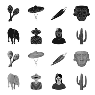 Tapir Meksika hayvan, panço, bir çiçek, bir kaktüs bir kadınla ulusal giysileri içinde bir Meksikalı. Meksika ülke toplama simgeler siyah, tek renkli stil vektör simge stok çizim web içinde ayarla..