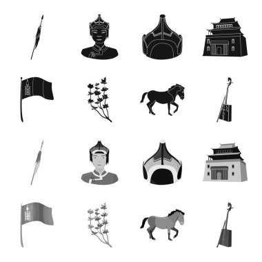 Ulusal bayrak, at, müzik aleti, bozkır bitki. Moğolistan toplama simgeler siyah, tek renkli stil vektör simge stok çizim web içinde ayarla..