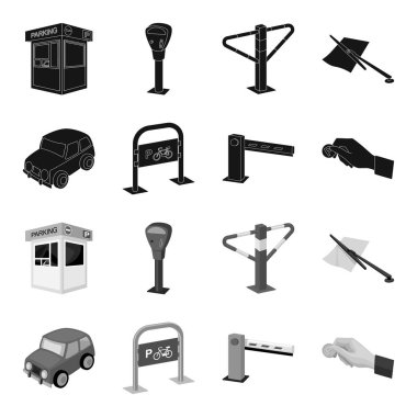 Araban, bariyer, Bisiklet park yeri, para el için ödeme Park. Buraya park edilmez toplama simgeler siyah, tek renkli stil vektör simge stok çizim web içinde ayarla..