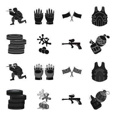 Rekabet, yarışma, ekipman, lastikler. Paintball toplama simgeler siyah, tek renkli stil vektör simge stok çizim web içinde ayarla..