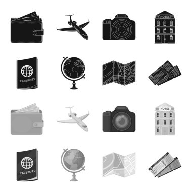 Tatil, seyahat, pasaport, dünya. Dinlenmek ve küme toplama simgeler siyah, tek renkli stil vektör simge stok çizim web içinde seyahat.