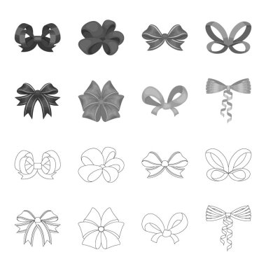 Çok renkli yay çizgi film, siyah, düz, set koleksiyonu tasarım için anahat simgeleri. Dekorasyon vektör simge stok web çizim için yay.