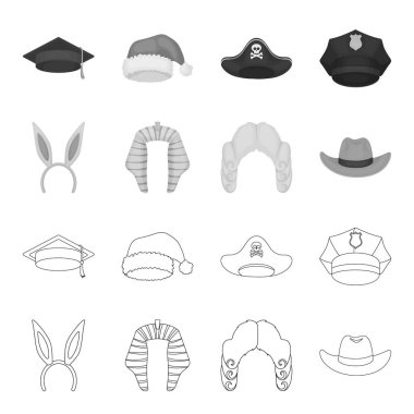 Tavşan kulağı, Yargıç peruk, kovboy. Şapka koleksiyonu simgeleri anahat, tek renkli stil vektör simge stok çizim web ayarla..