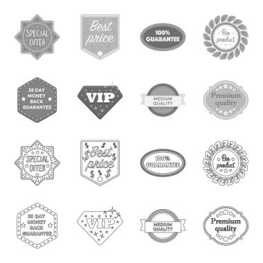Para iade garantisi, VIP, Orta kalite, üstün kaliteli. Etiket, anahat, tek renkli stil vektör simge stok çizim web simgeler ayarla.