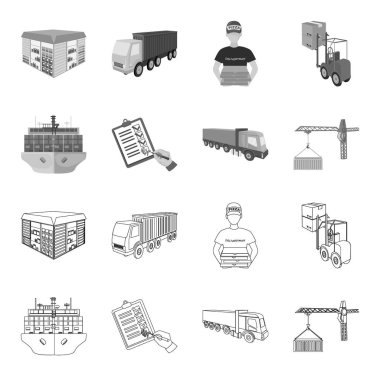Deniz taşıma, imzasını teslimat belgeleri, kamyon, kule ile Konteyner Vinç. Lojistik ve dağıtım toplama simgeler anahat, tek renkli stil izometrik vektör simge stok illüstrasyon ayarla