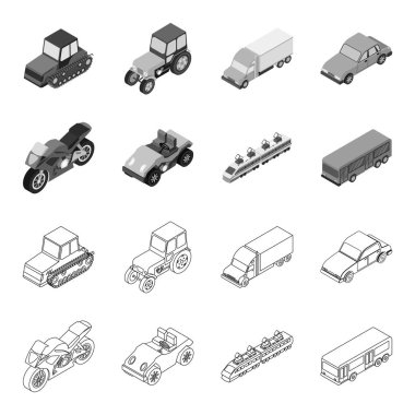Motosiklet, golf arabası, tren, otobüs. Taşıma anahat, tek renkli stil vektör simge stok çizim web simgeler kümesi.