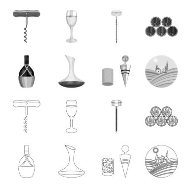 Bir şişe şarap bir sepet, bir gafine, bir tirbuşon mantar, üzüm bir vadi ile. Şarap üretimi toplama simgeler anahat, tek renkli stil vektör simge stok çizim web ayarla..