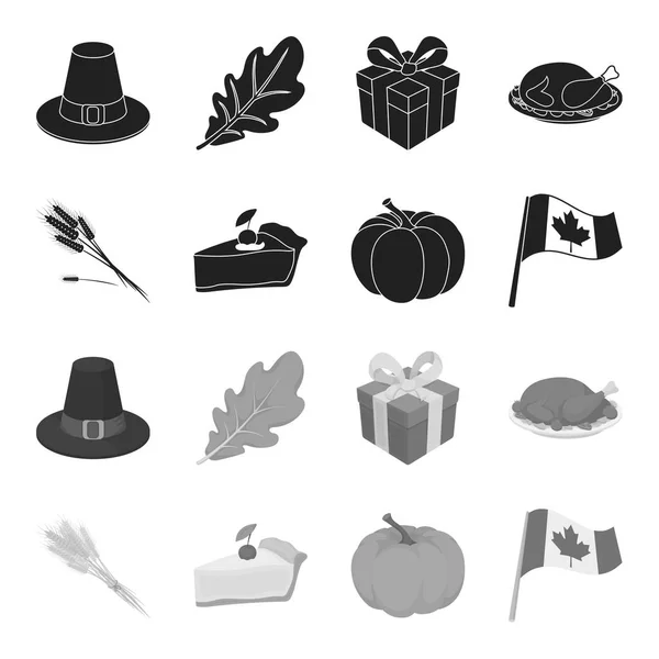 Spike of wheat, a piece of pie with cranberries, pumpkin, national flag.Canada thanksgiving day set collection icons in black,monochrome style vector symbol stock illustration web. — Stock Vector