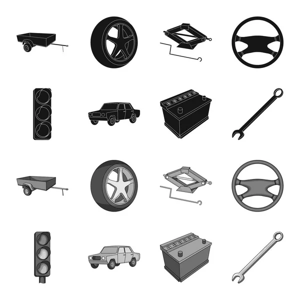 Trafikljus, gammal bil, batteri, skiftnyckel, bil som samling ikoner i svart, svartvit stil vektor symbol stock illustration web. — Stock vektor