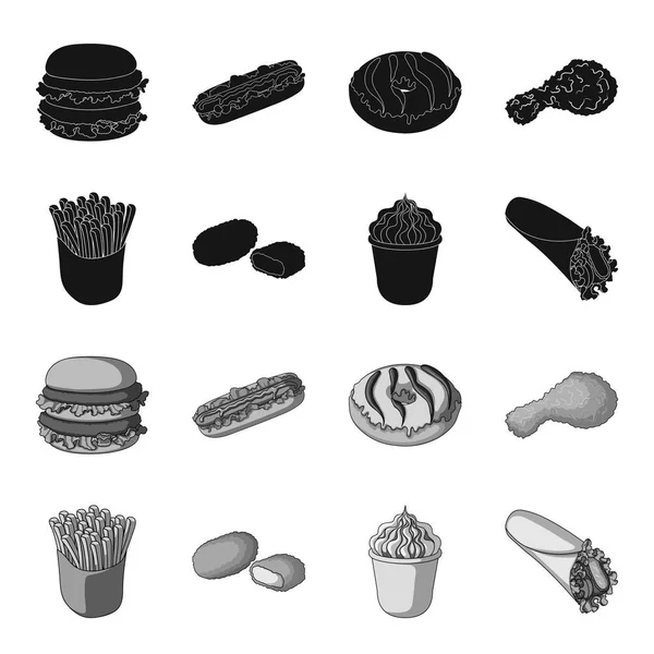 Nourriture, rafraîchissements, collations et autres icônes web en noir, style monochrome.Emballage, papier, icônes pommes de terre dans la collection set . — Image vectorielle
