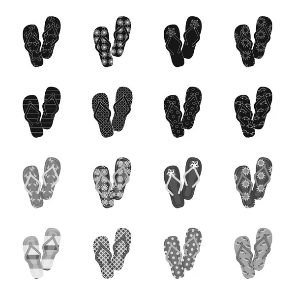Parmak arası terlik siyah, tek renkli simgeler set koleksiyonu tasarım için. Beach ayakkabı sembol stok web illüstrasyon vektör.