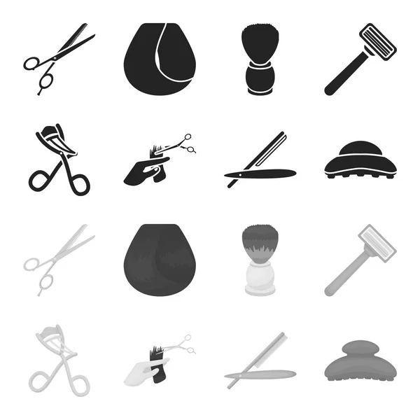 Tijeras, cepillo, maquinilla de afeitar y otros equipos. Peluquería conjunto colección iconos en negro, estilo monocromo vector símbolo stock ilustración web . — Vector de stock