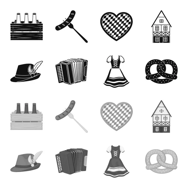 Sombrero tirolés, acordeón, vestido, pretzel. Oktoberfest set collection icons in black, monochrome style vector symbol stock illustration web . — Vector de stock