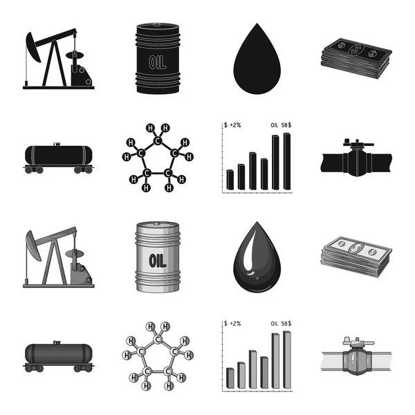 Tanque ferroviário, fórmula química, tabela de preços do petróleo, válvula de gasoduto. Ícones de coleção de conjuntos de óleo em preto, estilo monocromático símbolo vetorial ilustração web . — Vetor de Stock