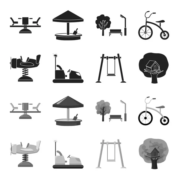 Flugzeug auf einer Feder, Schaukeln und anderen Geräten. Spielplatz set sammlung symbole in schwarz, monochrom stil vektor symbol stock illustration web. — Stockvektor
