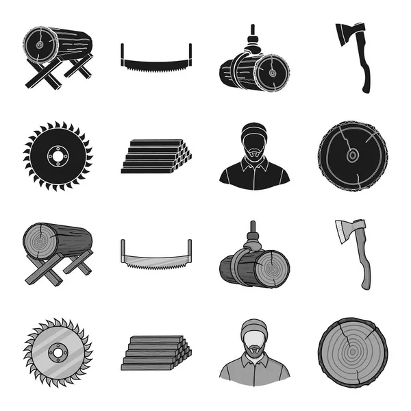 Daire gördüm, bir çalışma marangoz, günlükleri bir yığın. Kereste ve ahşap toplama simgeler siyah, tek renkli stil vektör simge stok çizim web ayarla.