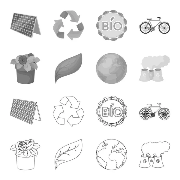 Bir işleme tesisi, bir pot, yeşil bir yaprak, bir gezegen Earth.Bio ve ekoloji çiçek toplama simgeler anahat, tek renkli stil vektör simge stok çizim web ayarla.