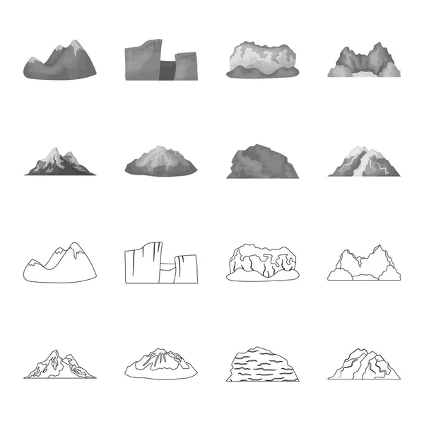 Bergen in de woestijn, een besneeuwde piek, een eiland met een gletsjer, een besneeuwde berg. Verschillende bergen instellen collectie iconen in overzicht, zwart-wit stijl vector symbool stock illustratie web. — Stockvector