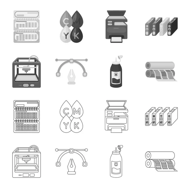 Imprimante 3D, imprimante de journal, encre, stylo. Typographie set collection icônes dans les grandes lignes, monochrome style vectoriel symbole illustration web . — Image vectorielle