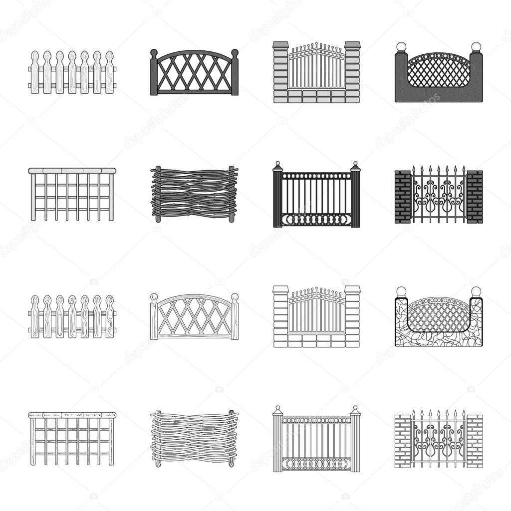 A fence of metal and bricks,wooden palisade. A different fence set collection icons in outline,monochrome style vector symbol stock illustration .