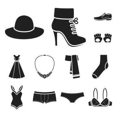 Giysi ve aksesuarları set koleksiyonu tasarım için simgeler siyah. Ayakkabı ve dekorasyon sembol stok web illüstrasyon vektör.