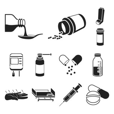 İlaç ve tedavi set koleksiyonu tasarım için simgeler siyah. Tıp ve ekipman sembol stok web illüstrasyon vektör.