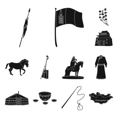 Set koleksiyonu tasarım için ülke Moğolistan siyah simgeler. Bölge ve dönüm noktası sembol stok web illüstrasyon vektör.