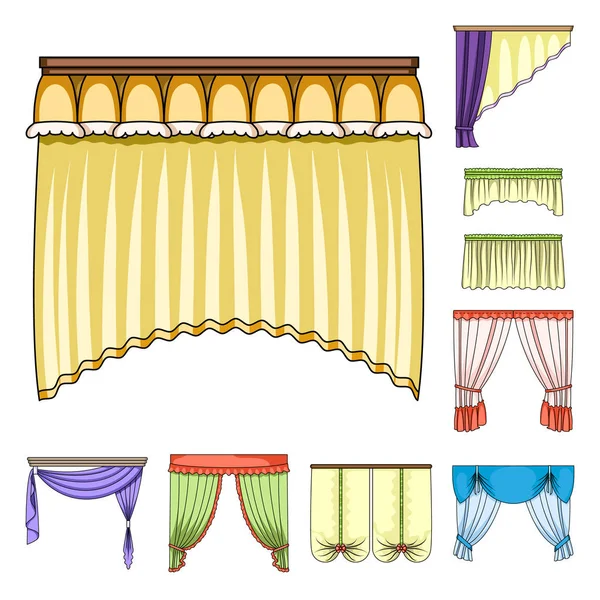 Diferentes tipos de cortinas iconos de dibujos animados en la colección de conjuntos para el diseño. Cortinas y lambrequines vector símbolo stock web ilustración . — Archivo Imágenes Vectoriales