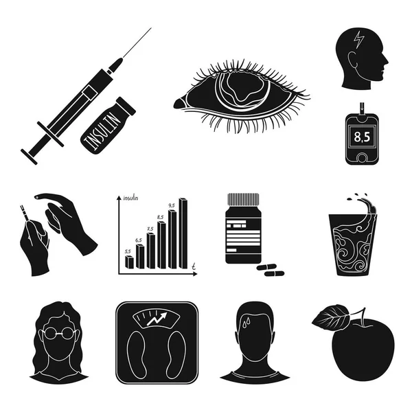 Diabetes svart ikoner i set insamling för design. Behandling av diabetes vektor symbol lager web illustration. — Stock vektor