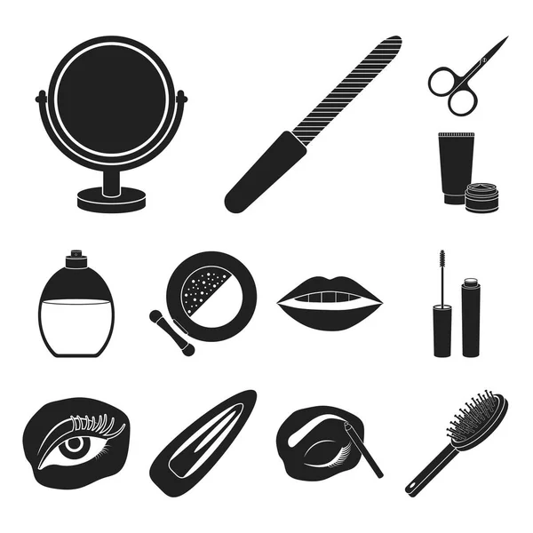 Makeup and cosmetics black icons in set collection for design. Makeup and equipment vector symbol stock web illustration. — Stock Vector