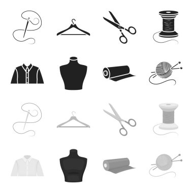 Bir gömlek, bir manken, bir rulo kumaş, konu ve örgü iğneleri bir top. Atelier toplama simgeler siyah, tek renkli stil vektör simge stok çizim web içinde ayarla..