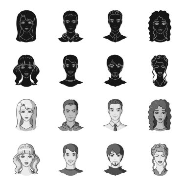 Gençlerin farklı görünüyor. Avatar ve yüz toplama simgeler siyah, tek renkli stil vektör simge stok çizim web ayarla.
