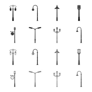 Retro tarzı, modern fener, meşale ve diğer tip-in sokak sokak lâmbası direği. Elektrik direği toplama simgeler siyah, tek renkli stil vektör simge stok çizim web içinde ayarla..