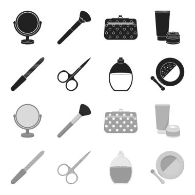 Tırnak törpüsü, makaslar, çivi, parfüm, pudra fırçası ile için. Makyaj toplama simgeler siyah, tek renkli stil vektör simge stok çizim web içinde ayarla..