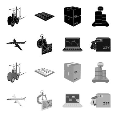 Nakliye uçakları, saat, bilgisayar muhasebe, denetim ve muhasebe malların teslim. Lojistik ve dağıtım toplama simgeler siyah, tek renkli bir tarzda izometrik vektör simge stok ayarla