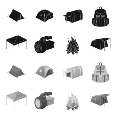 Tente, yangın ve diğer turistik ekipmanları. Çadır toplama simgeler siyah, tek renkli stil vektör simge stok çizim web içinde ayarla..