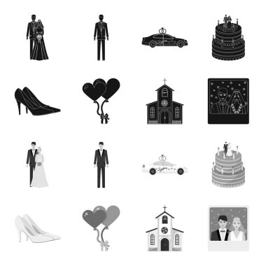 Düğün ve öznitelikleri siyah, tek renkli simgeler set koleksiyonu tasarım için. Sembol stok web illüstrasyon vektör yeni evliler ve aksesuarları.